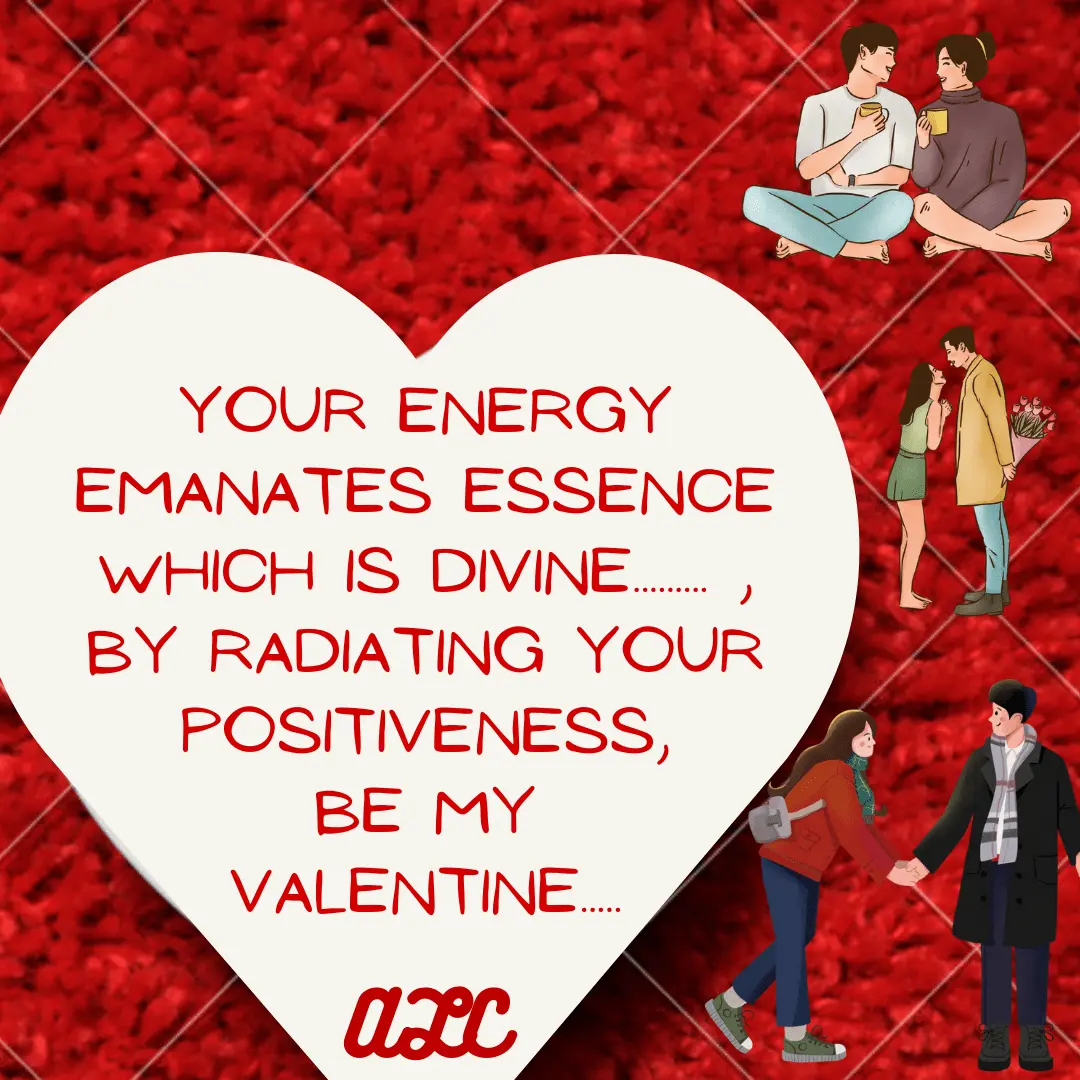 Valentine’s Day image with red background, white heart, and quote about divine essence and positive energy of Love