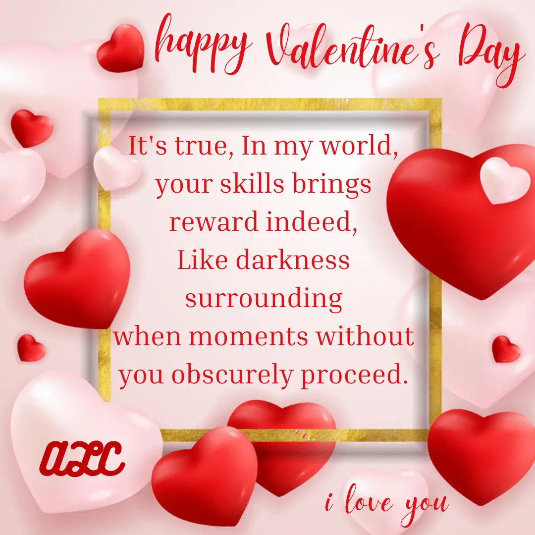 romantic Valentine’s Day card with heartfelt quote surrounded by red and white hearts on pink background expressing love