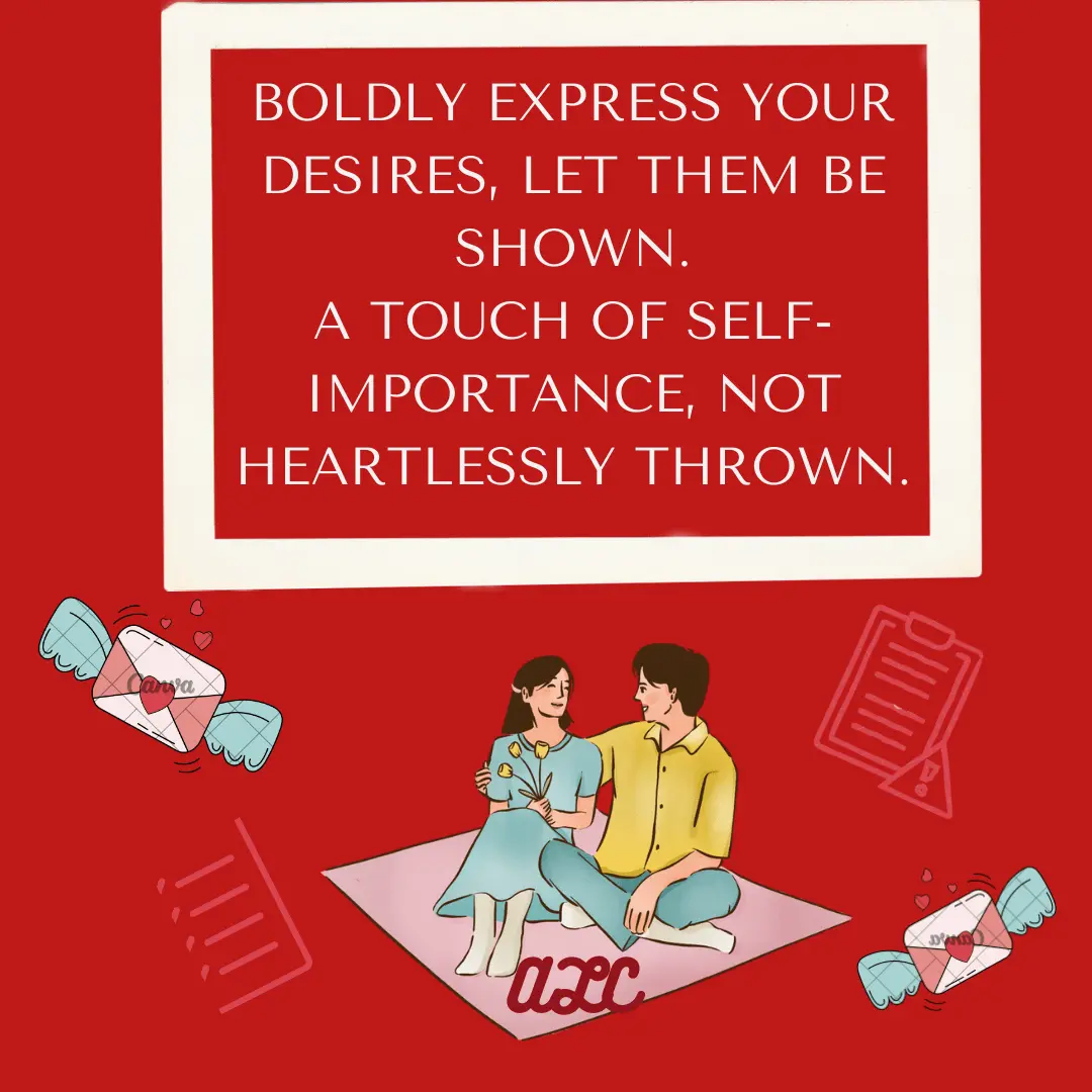 Valentine’s card with red background, surrounded by love letters and candies, couple sitting together and a Love quote