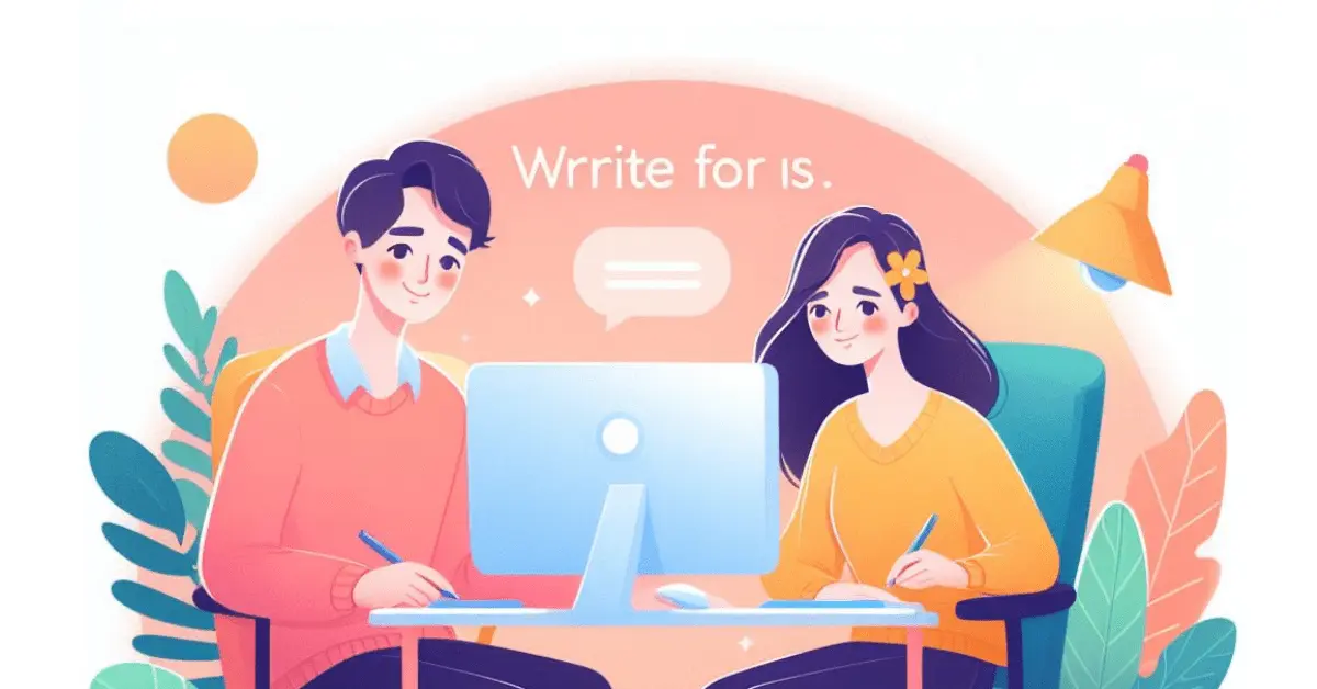 An illustration of two people working on computer. The individuals are holding pens and appear to be writing