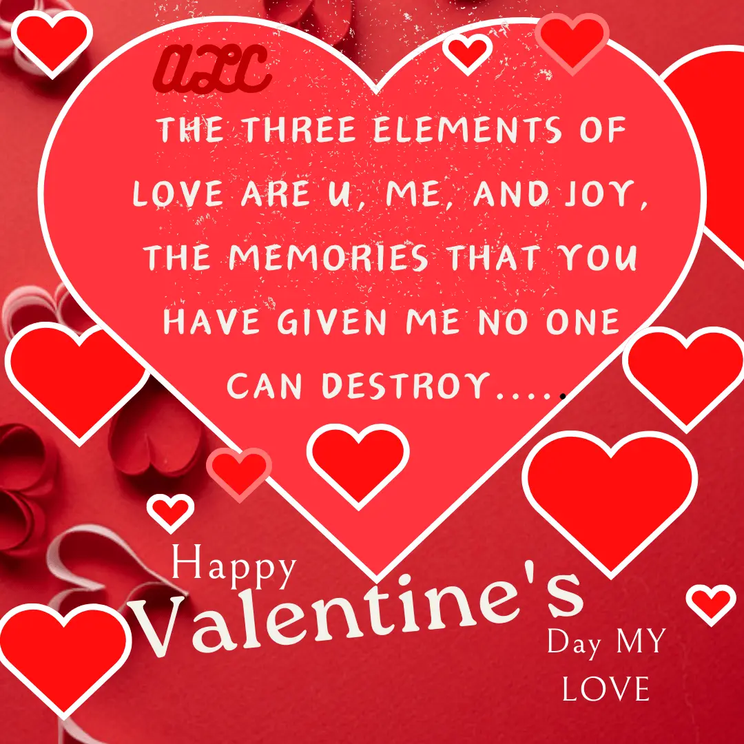 Valentine’s Day image with red background, hearts, and quote about elements of love and memories that last