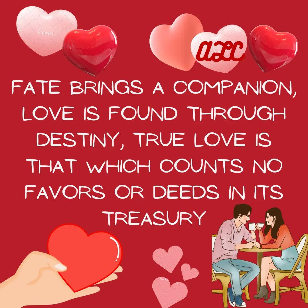 red background Valentine’s card, quote about fate and destiny in love, and couple enjoying romantic moment with cards