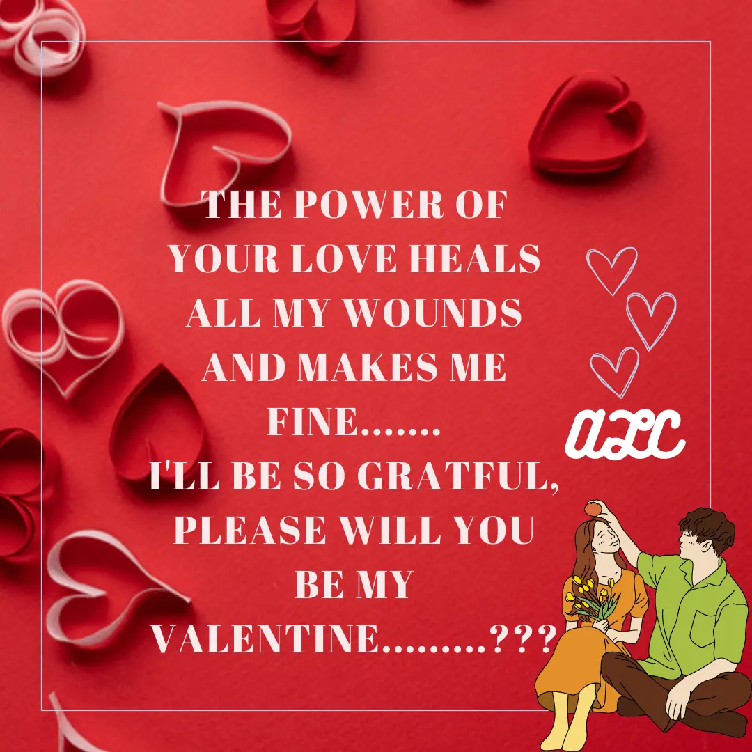 Valentine’s card with a red background, paper hearts and rose petals, and a quote expressing gratitude of love