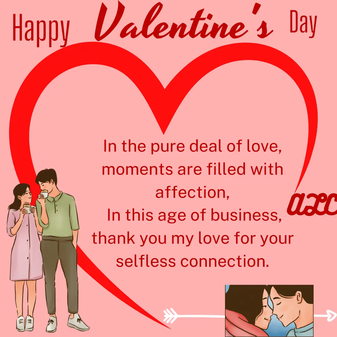 Valentine’s image featuring a large heart, a couple sharing a moment, and a love quote expressing gratitude