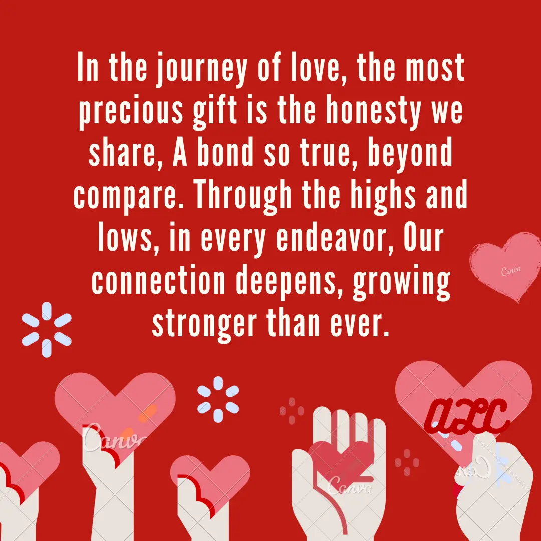 Valentine’s Day image with a red background, a quote about honesty and love, and a couple holding hands