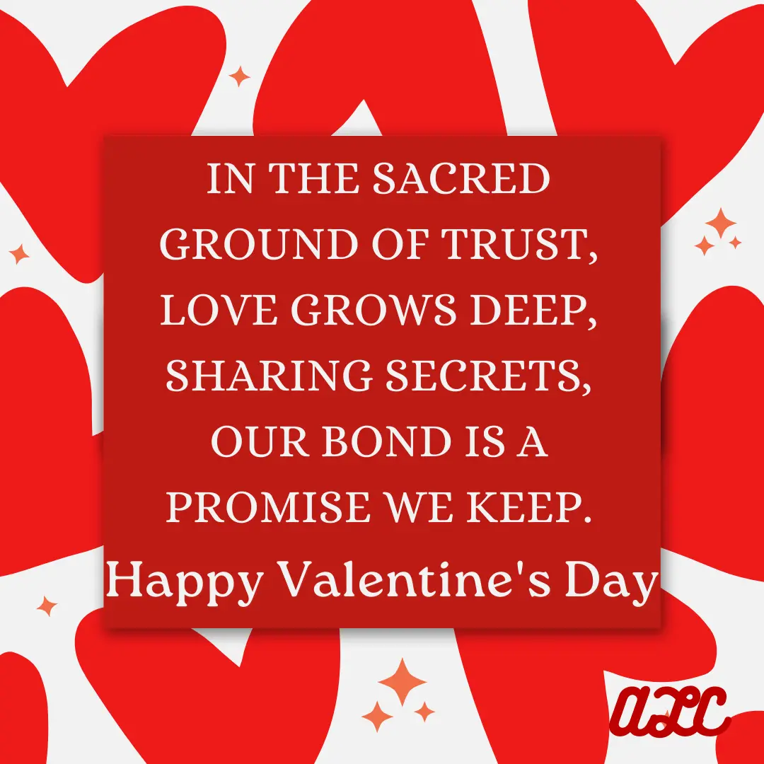 Valentine’s image with a red background, a quote about keeping the promise of love and sharing secrets