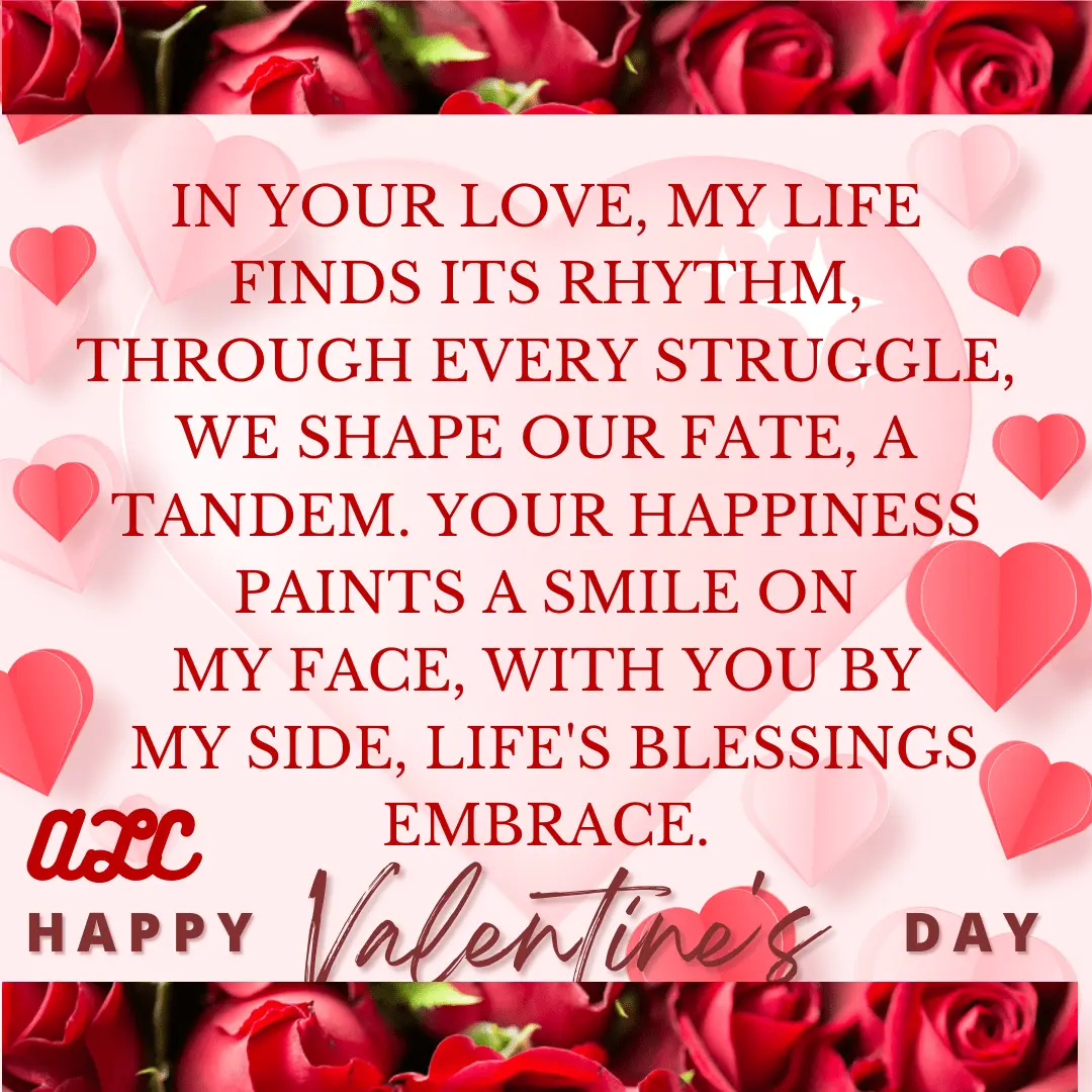 Valentine’s card with red floral background, heart shapes, and a quote expressing the harmony and happiness of love