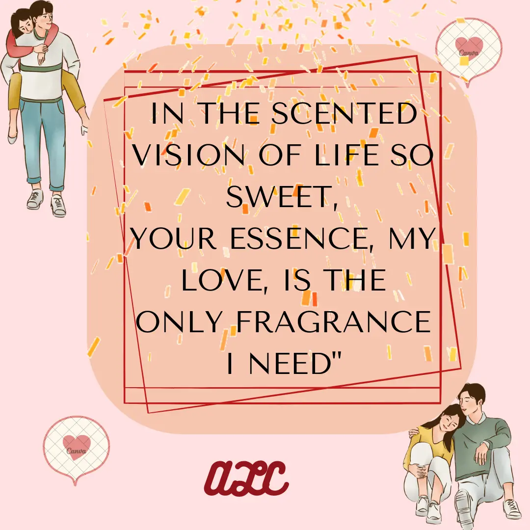 Valentine’s card with light pink background, quote about scented vision of life and two couples enjoying romantic moment