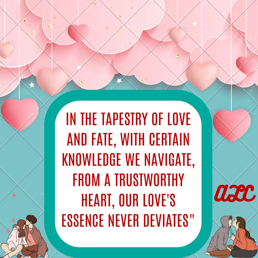teal background Valentine’s card, quote about tapestry of love and fate, and couple sitting close to each other