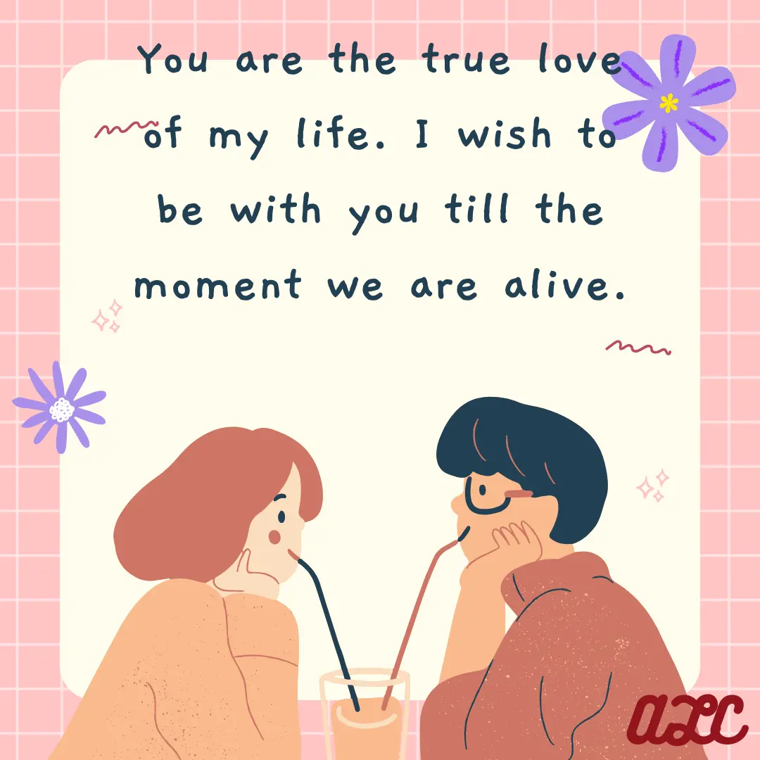 Valentine’s Day image with light pink background, a quote about true love, and a couple sharing a drink
