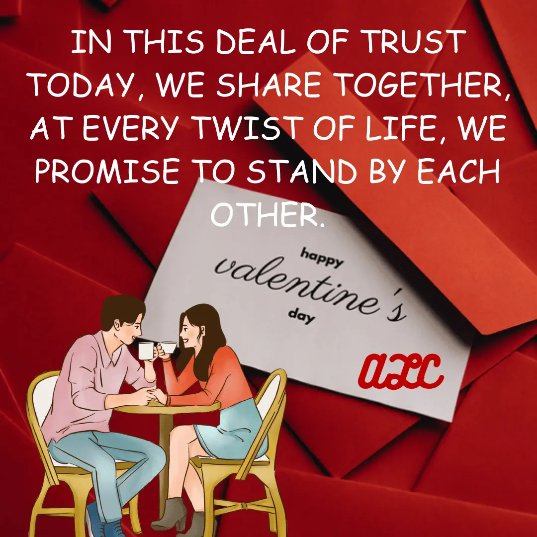 red background Valentine’s card, quote expressing trust and commitment, and couple enjoying romantic moment with wine and cards