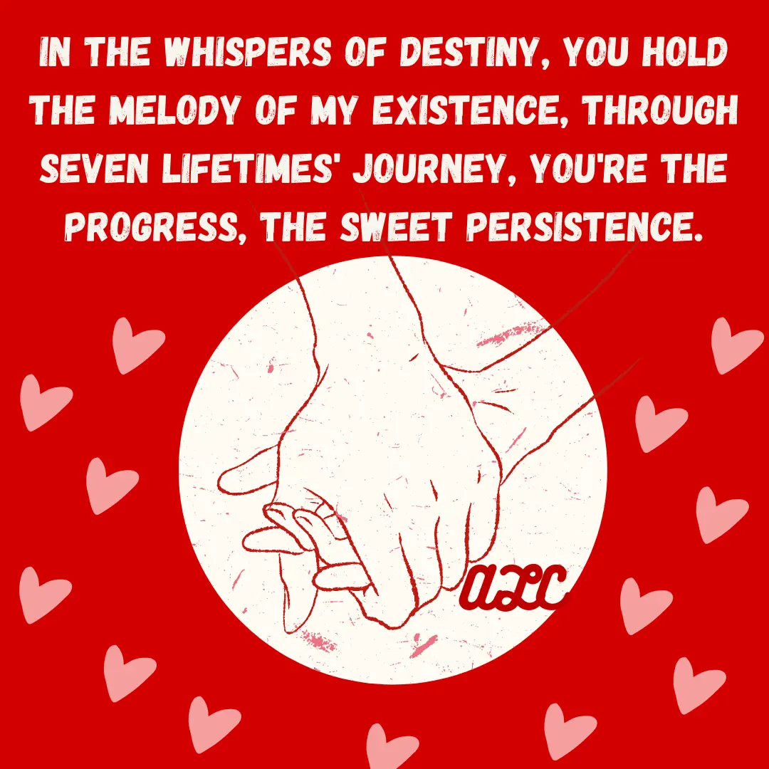 red background Valentine’s card, quote about the whispers of destiny and melody of existence, a couple holding hands